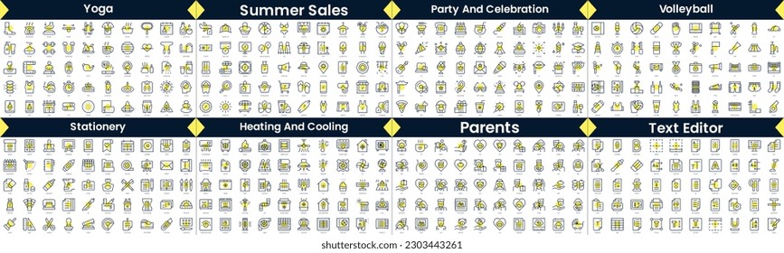 Linear Style Icons Pack. In this bundle include yoga, summer sales, party and celebration, volleyball, stationery, heating and cooling, parents, text editor