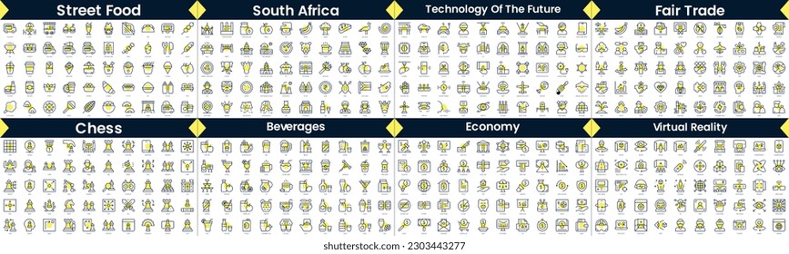 Linear Style Icons Pack. In this bundle include street food, south africa, technology of the future, fair trade, chess, beverages, economy, virtual reality