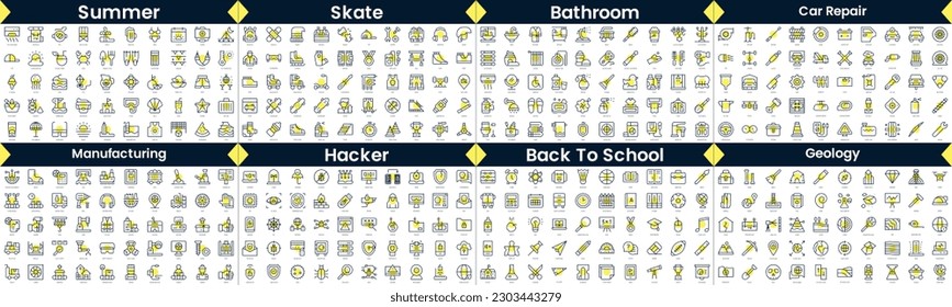 Linear Style Icons Pack. In this bundle include summer, skate, bathroom, car repair, manufacturing, hacker, back to school, geology