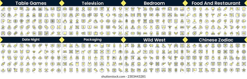 Linear Style Icons Pack. In this bundle include table games, television, bedroom, food and restaurant, date night, packaging, wild west, chinese zodiac