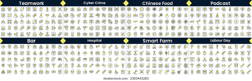 Linear Style Icons Pack. In this bundle include teamwork, cyber crime, chinese food, podcast, bar, hospital, smart farm, labour day