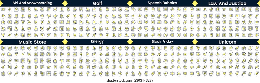 Linear Style Icons Pack. In this bundle include ski and snowboarding, golf, speech bubbles, law and justice, music store, energy, black friday, unicorn