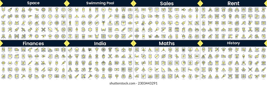 Linear Style Icons Pack. In this bundle include space, swimming pool, sales, rent, finances, india, maths, history