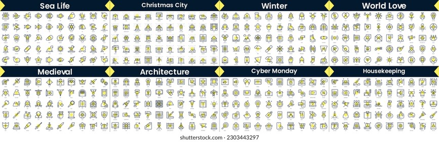 Linear Style Icons Pack. In this bundle include sea life, christmas city, winter, world love, medieval, architecture, cyber monday, housekeeping