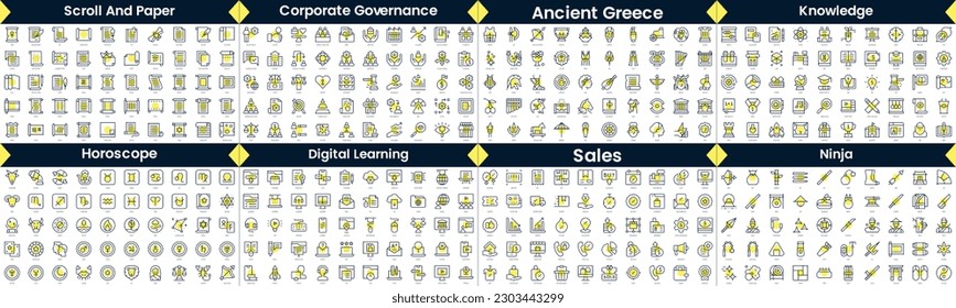 Linear Style Icons Pack. In this bundle include scroll and paper, corporate governance, ancient greece, horoscope, knowledge, digital learning, sales, ninja