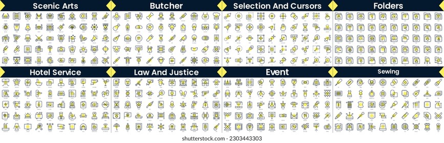 Linear Style Icons Pack. In this bundle include scenic arts, butcher, selection and cursors, folders, hotel service, law and justice, event, sewing