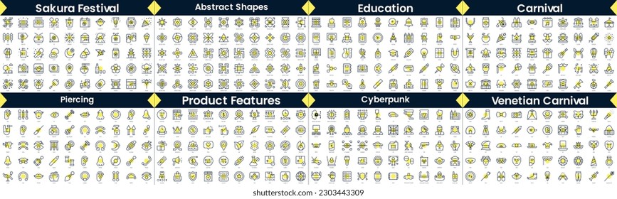 Paket mit linearen Symbolen. In diesem Paket sind Sakura Festival, abstrakte Formen, Bildung, Karneval, Piercing, Produktmerkmale, Cyberpunk, venezianischer Karneval