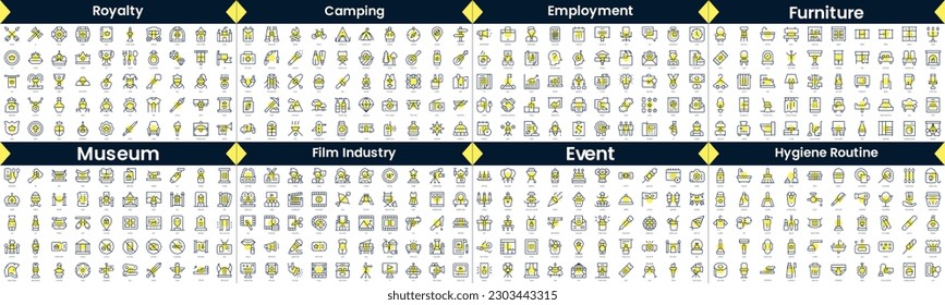 Paquete de iconos de estilo lineal. En este paquete se incluyen regalías, acampadas, empleo, muebles, museo, industria cinematográfica, evento, rutina de higiene