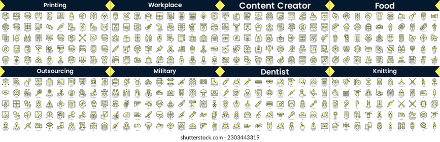 Linear Style Icons Pack. In this bundle include printing, workplace, content creator, food, outsourcing, military, dentist, knitting