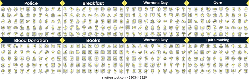 Paquete de iconos de estilo lineal. En este paquete se incluyen la policía, el desayuno, el día de la mujer, el gimnasio, la donación de sangre, libros, el día de la mujer, dejar de fumar