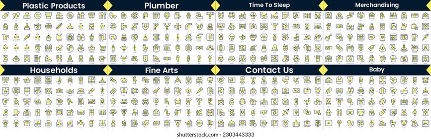 Linear Style Icons Pack. In this bundle include plastic products, plumber, time to sleep, merchandising, households, fine arts, contact us, baby