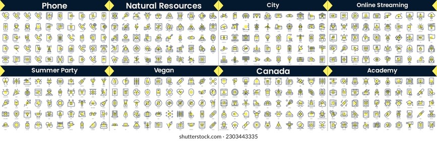 Linear Style Icons Pack. In this bundle include phone, natural resources, city, online streaming, summer party, vegan, canada, academy