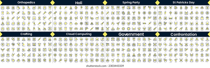 Linear Style Icons Pack. In this bundle include orthopedics, holi, spring party, st patricks day, crafting, cloud computing, government, confrontation