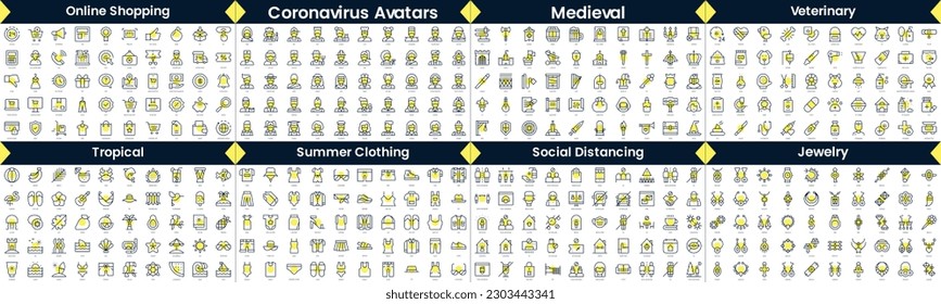 Linear Style Icons Pack. In this bundle include online shopping, coronavirus avatars, medieval, veterinary, tropical, summer clothing, social distancing, jewelry