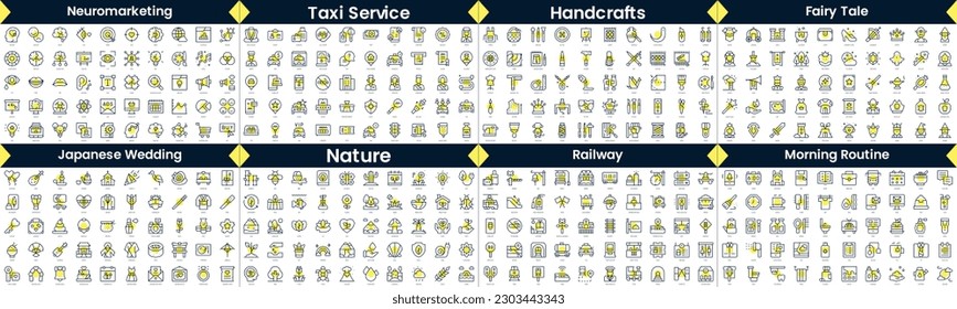 Paquete de iconos de estilo lineal. En este paquete se incluye neuromarketing, servicio de taxi, artesanías, cuento de hadas, boda japonesa, naturaleza, ferrocarril, rutina matutina