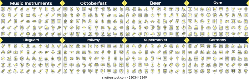 Paquete de iconos de estilo lineal. En este paquete se incluyen instrumentos musicales, oktoberfest, cerveza, gimnasio, socorrista, ferrocarril, supermercado, alemania