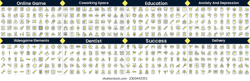 Linear Style Icons Pack. In this bundle include online game, coworking space, education, anxiety and depression, videogame elements, dentist, success, delivery