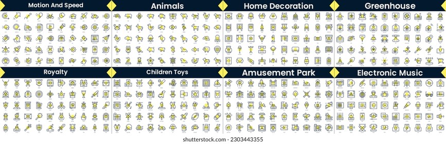 Paquete de iconos de estilo lineal. En este paquete se incluyen el movimiento y la velocidad, los animales, la decoración del hogar, el invernadero, la realeza, los juguetes para niños, el parque de diversiones, la música electrónica