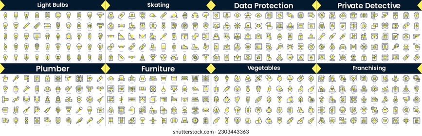 Linear Style Icons Pack. In this bundle include light bulbs, skating, data protection, private detective, plumber, furniture, vegetables, franchising