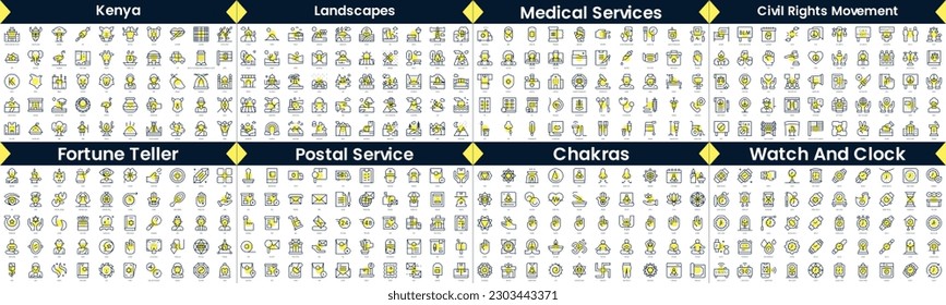 Paquete de iconos de estilo lineal. En este paquete se incluyen kenya, paisajes, servicios médicos, movimientos de derechos civiles, adivinos, servicio postal, chakras, reloj y reloj