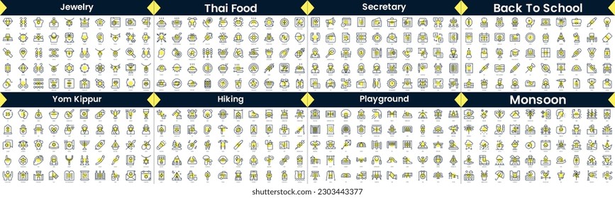 Linear Style Icons Pack. In this bundle include jewelry, thai food, secretary, back to school, yom kippur, hiking, playground, monsoon