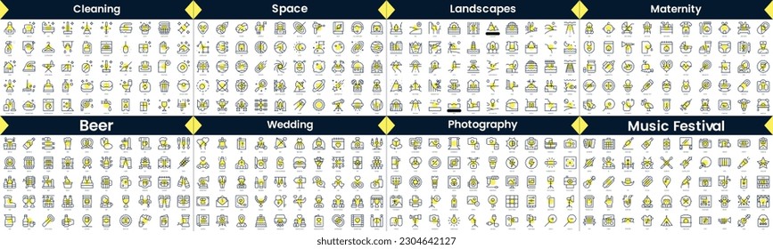 Linear Style Icons Pack. In this bundle include cleaning, space, landscapes, maternity, beer, wedding, photography, music festival