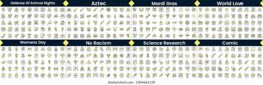 Linear Style Icons Pack. In this bundle include defense of animal rights, aztec, mardi gras, world love, womens day, no racism, science research, comic