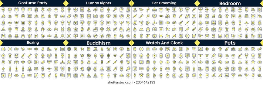 Linear Style Icons Pack. In this bundle include costume party, human rights, pet grooming, bedroom, boxing, buddhism, watch and clock, pets