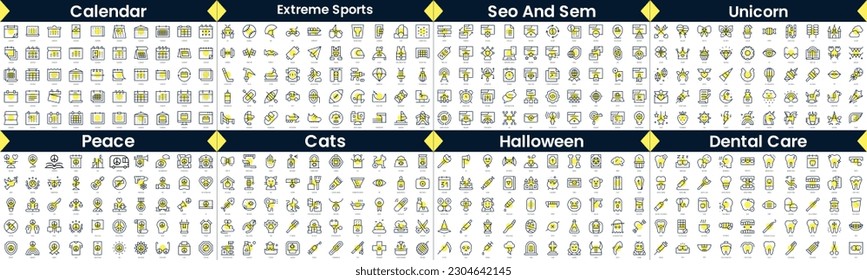 Linear Style Icons Pack. In this bundle include calendar, extreme sports, seo and sem, unicorn, peace, cats, halloween, dental care