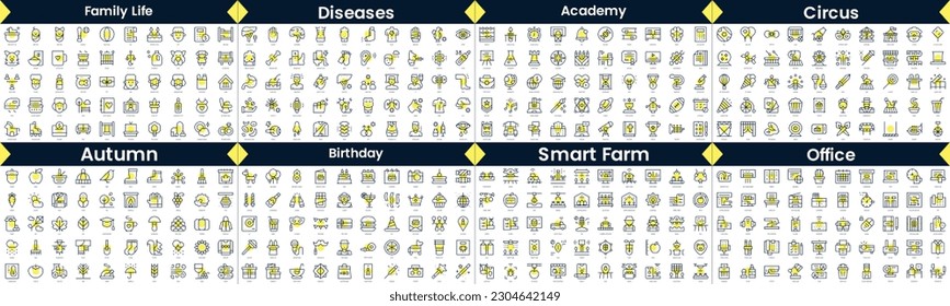 Linear Style Icons Pack. In this bundle include family life, diseases, academy, circus, autumn, birthday, smart farm, office