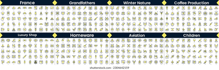 Linear Style Icons Pack. In this bundle include france, grandfathers, winter nature, coffee production, luxury shop, homeware, aviation, children