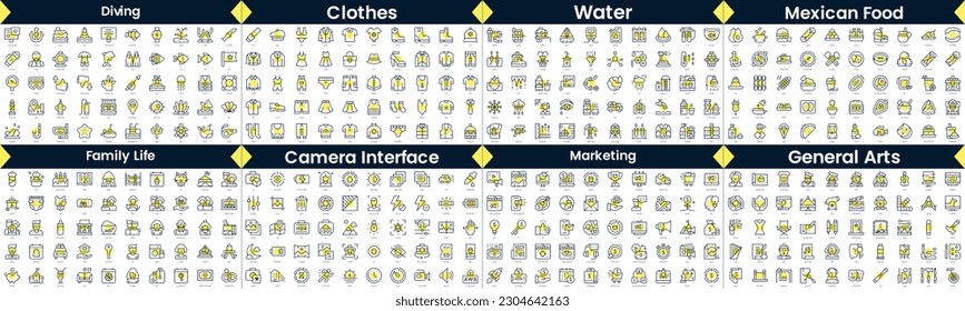 Paket mit linearen Symbolen. In diesem Paket enthalten sind Tauchen, Kleidung, Wasser, mexikanisches Essen, Familienleben, Kamera-Schnittstelle, Marketing, allgemeine Kunst