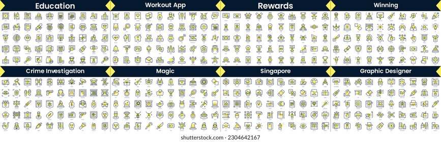 Linear Style Icons Pack. In this bundle include education, workout app, rewards, winning, crime investigation, magic, graphic designer, workplace