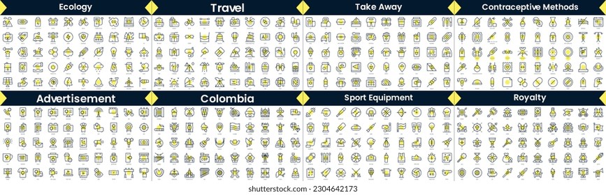 Linear Style Icons Pack. In this bundle include ecology, travel, take away, contraceptive methods, advertisement, colombia, sport equipment, royalty