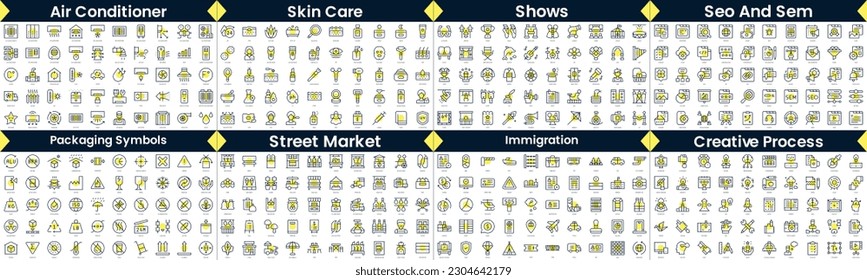 Linear Style Icons Pack. In this bundle include air conditioner, skin care, shows, seo and sem, packaging symbols, street market, immigration, creative process