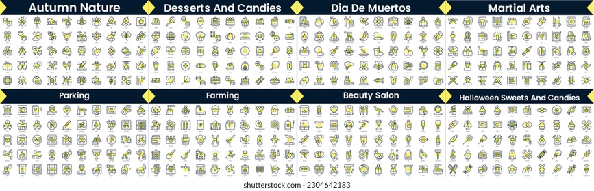 Linear Style Icons Pack. In this bundle include autumn nature, desserts and candies, dia de muertos, martial arts, parking, farming, beauty salon, halloween sweets and candies