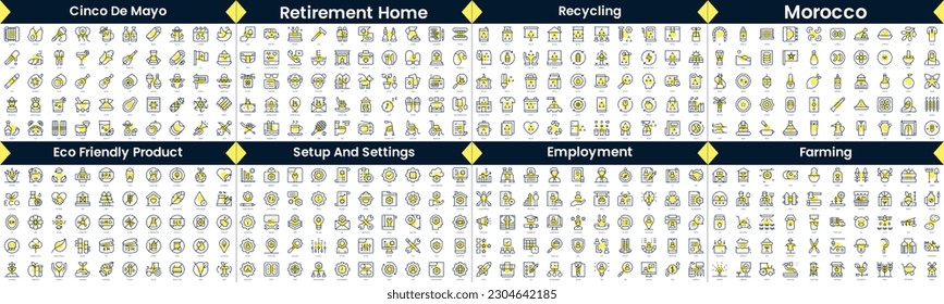 Linear Style Icons Pack. In this bundle include cinco de mayo, retirement home, recycling, morocco, eco friendly product, setup and settings, employment, farming