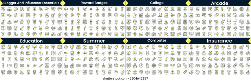 Linear Style Icons Pack. In this bundle include blogger and influencer essentials, reward badges, college, arcade, education, summer, computer, insurance