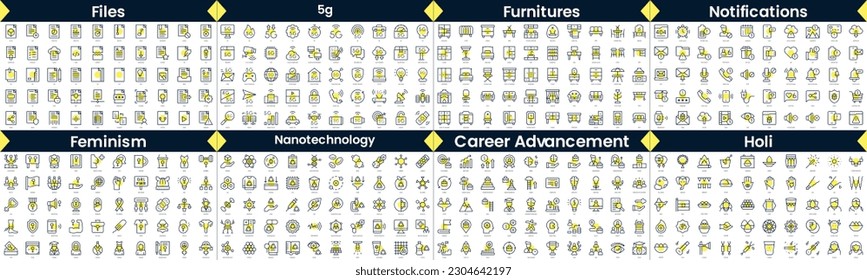 Linear Style Icons Pack. In this bundle include files, 5g, furnitures, notifications, feminism, nanotechnology, career advancement, holi