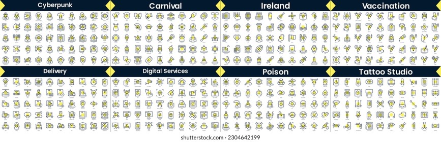 Linear Style Icons Pack. In this bundle include cyberpunk, carnival, ireland, vaccination, delivery, digital services, poison, tattoo studio