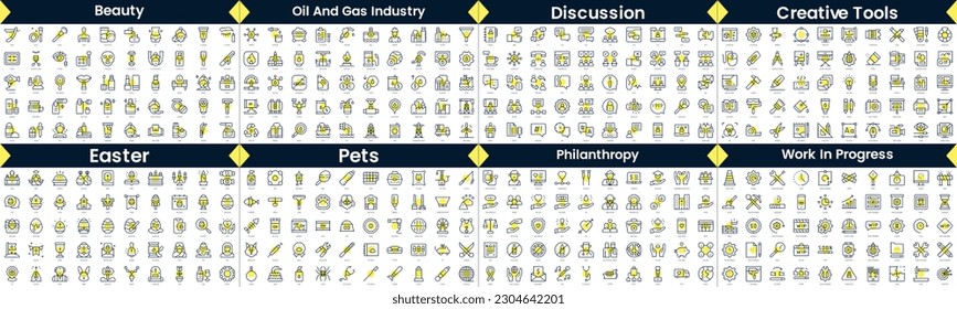 Linear Style Icons Pack. In this bundle include beauty, oil and gas industry, discussion, creative tools, easter, pets, philanthropy, work in progress