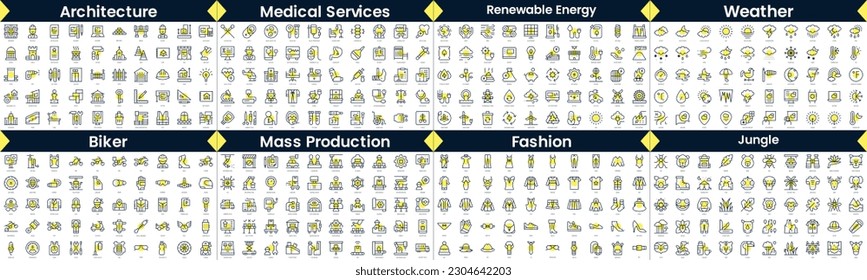 Paquete de iconos de estilo lineal. En este paquete se incluyen arquitectura, servicios médicos, energía renovable, meteorología, ciclismo, producción masiva, moda, jungla