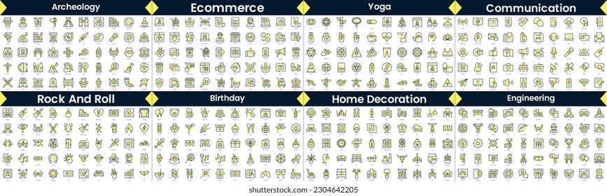 Linear Style Icons Pack. In this bundle include archeology, ecommerce, yoga, communication, rock and roll, birthday, home decoration, engineering