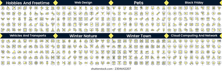 Linear Style Icons Pack. In this bundle include hobbies and freetime, web design, pets, black friday, vehicles and transports, winter nature, winter town, cloud computing and network