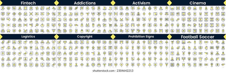 Linear Style Icons Pack. In this bundle include fintech, addictions, activism, cinema, logistics, copyright, prohibition signs, football soccer