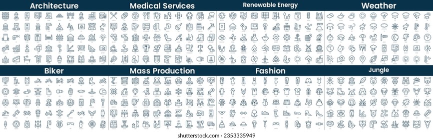 Linear Style Icons Pack. In this bundle include architecture, medical services, renewable energy, weather, biker, mass production, fashion, jungle