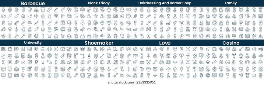 Linear Style Icons Pack. In this bundle include barbecue, black friday, hairdressing and barber shop, family, university, shoemaker, love, casino