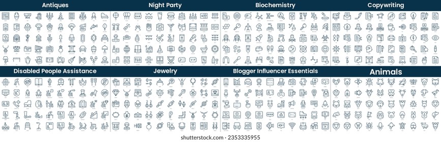 Linear Style Icons Pack. In this bundle include antiques, night party, biochemistry, copywriting, disabled people assistance, jewelry, blogger influencer essentials, animals