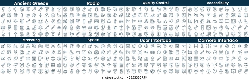 Paquete de iconos de estilo lineal. En este paquete se incluyen grecia antigua, radio, control de calidad, accesibilidad, marketing, espacio, interfaz de usuario, interfaz de cámara