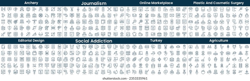 Linear Style Icons Pack. In this bundle include archery, journalism, online marketplace, plastic and cosmetic surgery, editorial design, social addiction, turkey, agriculture